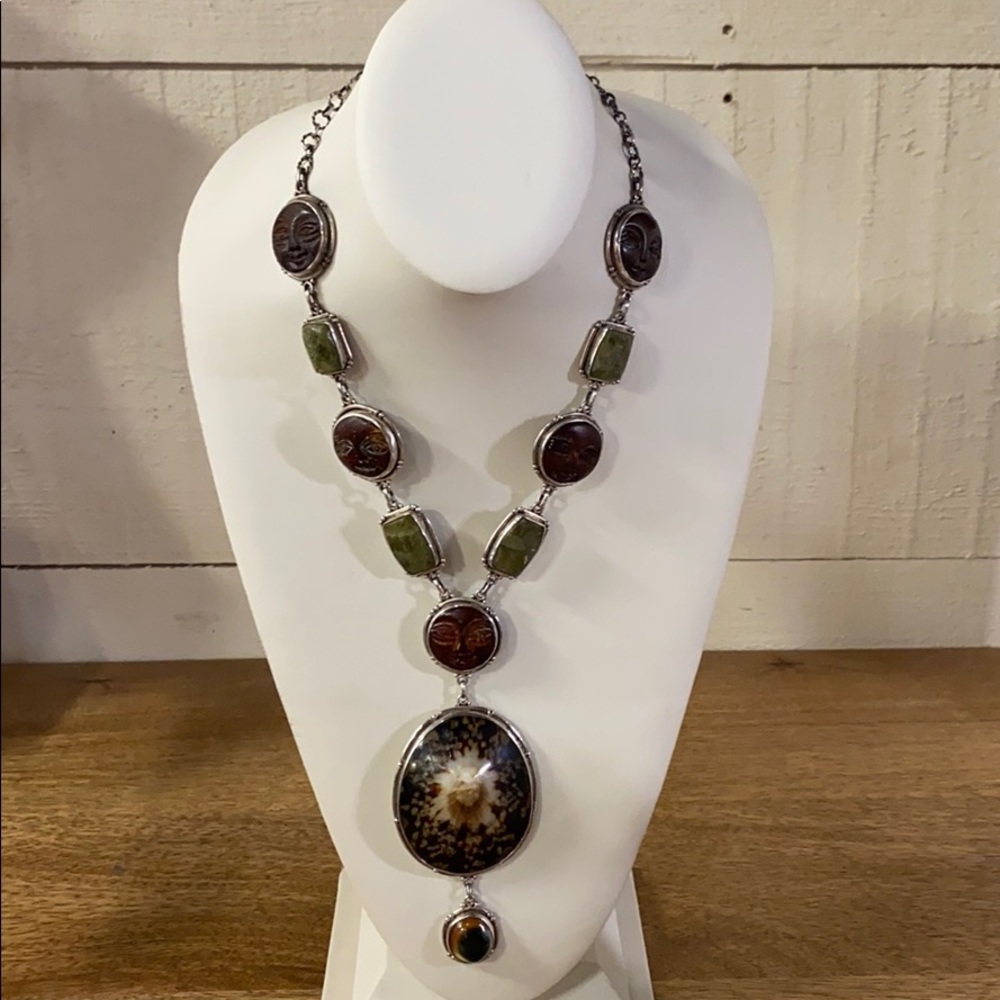 Sterling Carved Celestial Shell Stone Necklace - image 1